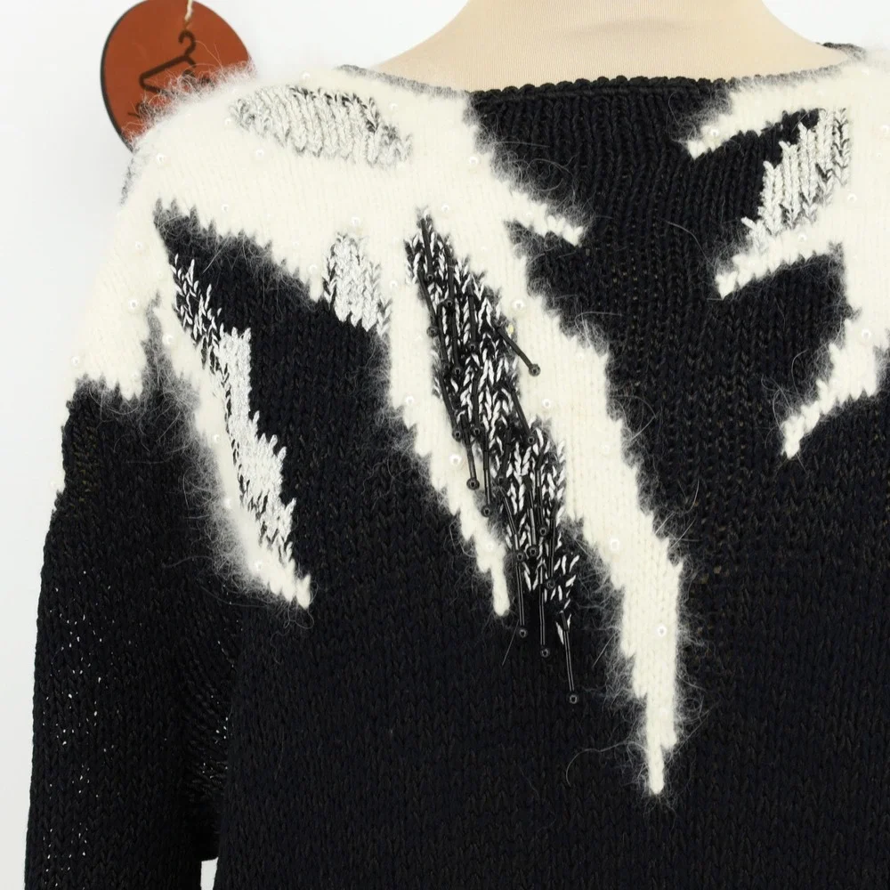 Vintage Magnolia Black White Angora Beaded Pearl Knit Sweater Womens Size Medium